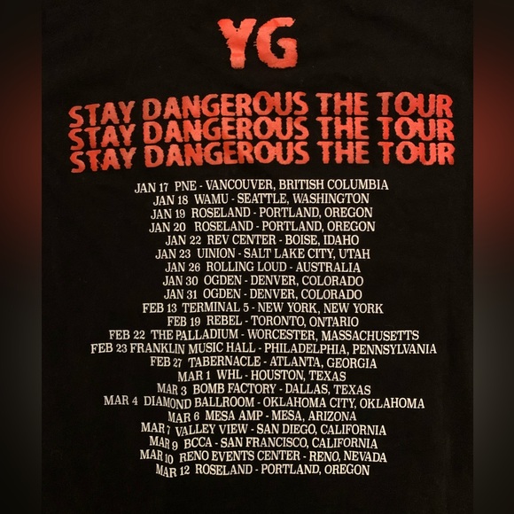 YG Tour Shirt 2018 Stay Dangerous -Rap HipHop A$AP Tyler The Creator Nice! M - Picture 4 of 5
